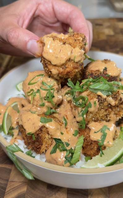 Crispy Salmon Bites Bowl with Spicy Cajun Crema